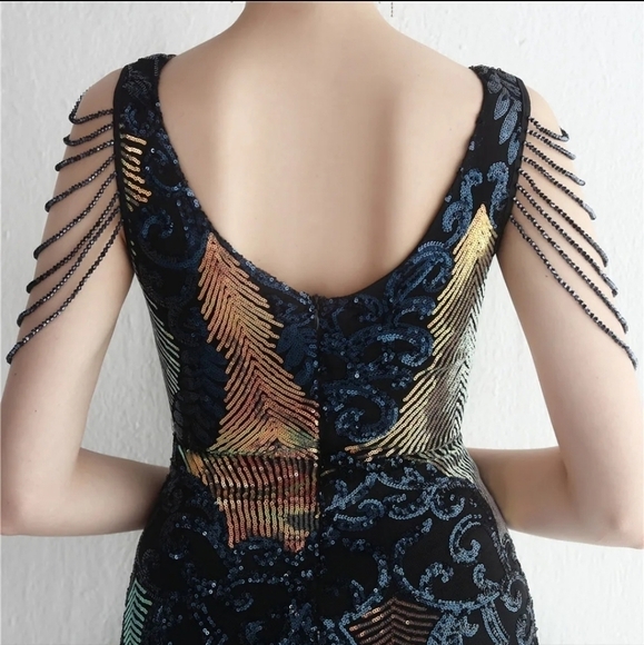 Navy, Floral, Beaded,  V Neck, Round Back,  Sleeveless,  Sequined Mermaid Gown - Picture 7 of 16